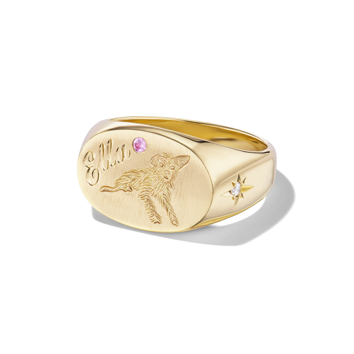 14k solid gold oval signet ring with custom hand engraved pet portrait and gemstones