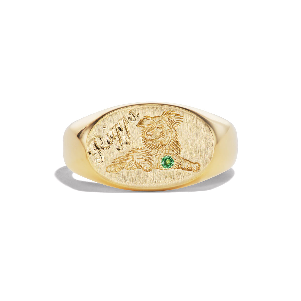 14k solid gold oval signet ring with custom hand engraved pet portrait and gemstone