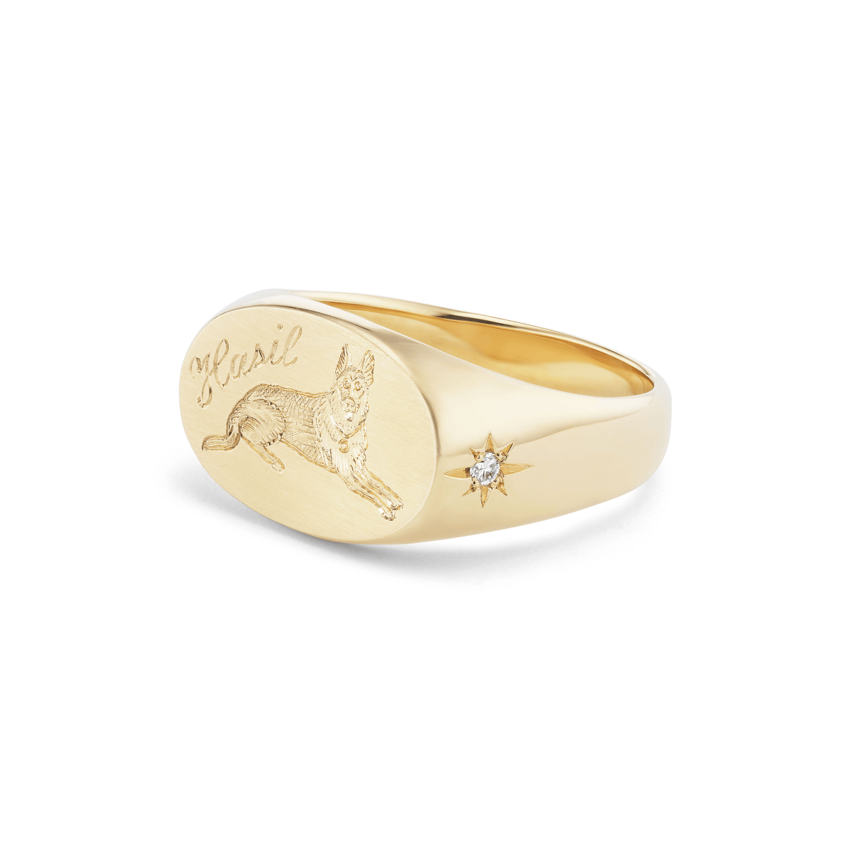 14k solid gold oval signet ring with custom hand engraved pet portrait