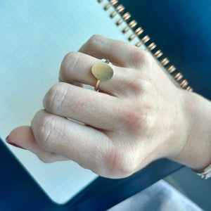 Model wearing 14k solid gold engravable signet ring