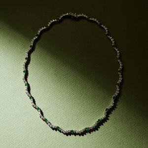 14k gold scalloped tennis necklace with diamonds and emeralds