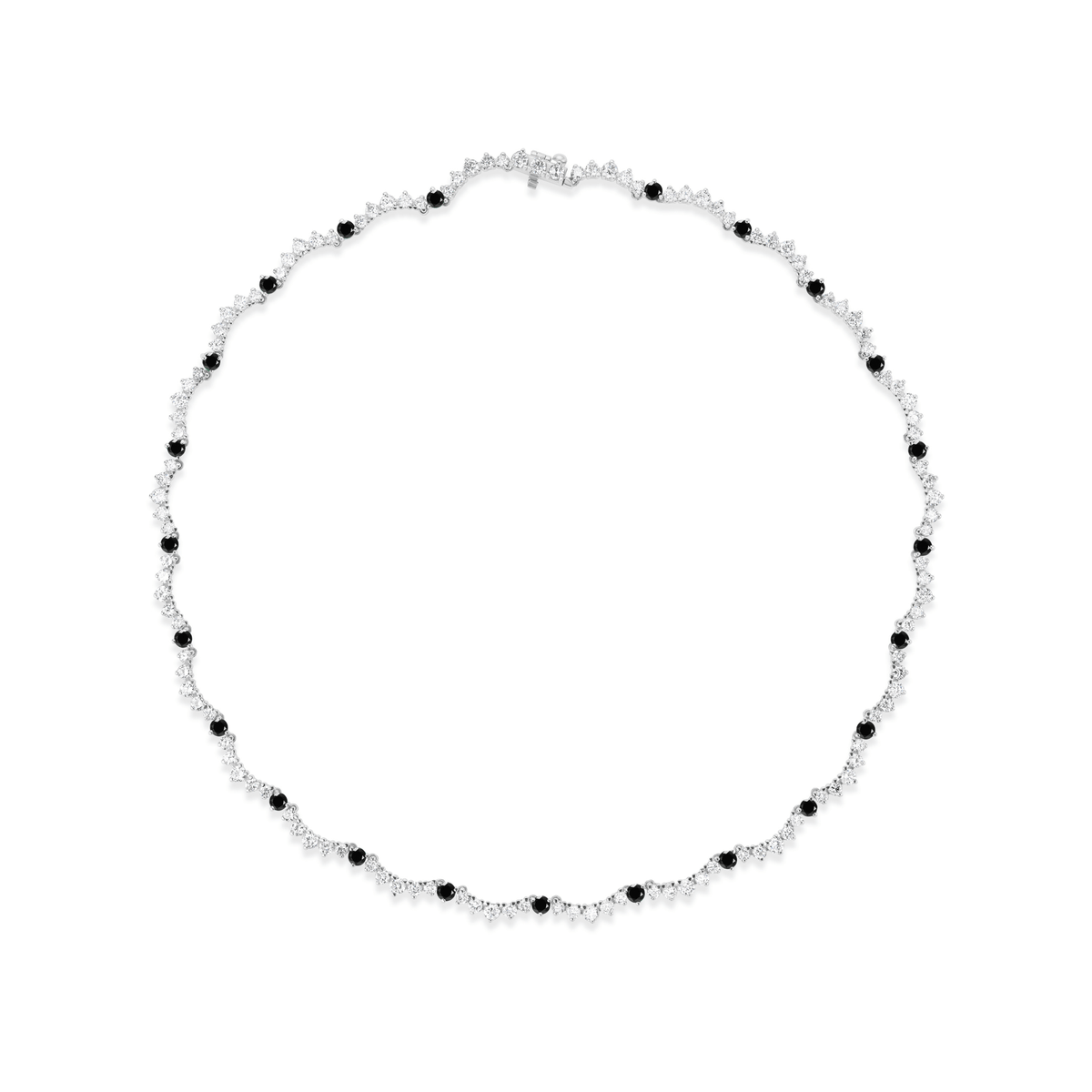 14k white gold scalloped tennis necklace with black diamonds