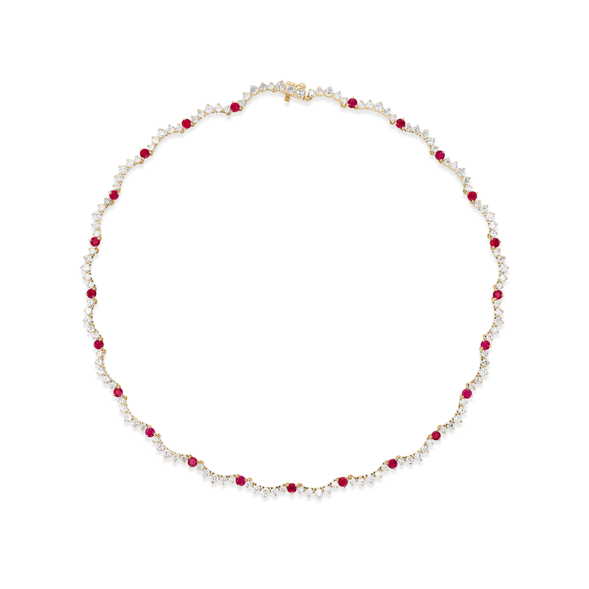 14k yellow gold scalloped tennis necklace with diamonds and rubies
