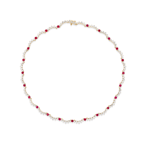 14k yellow gold scalloped tennis necklace with diamonds and rubies