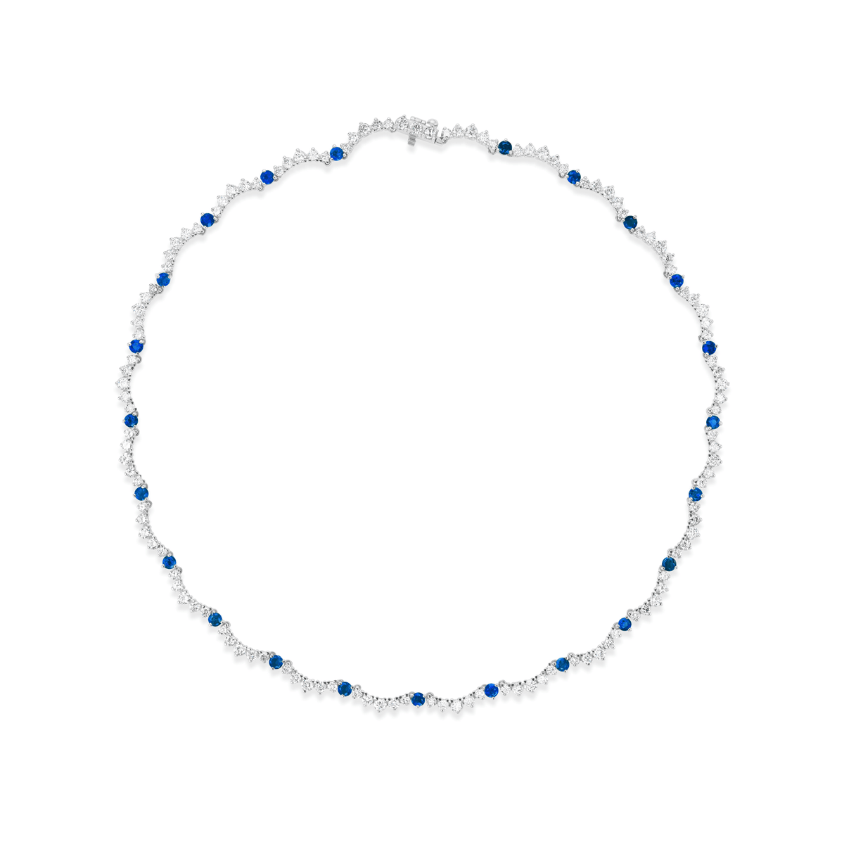 14k white gold scalloped tennis necklace with diamonds and sapphires