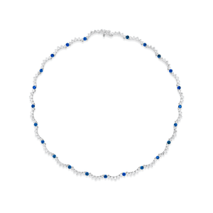 14k white gold scalloped tennis necklace with diamonds and sapphires