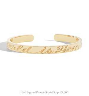 14k solid gold cuff bracelet with hand engraved phrase in script