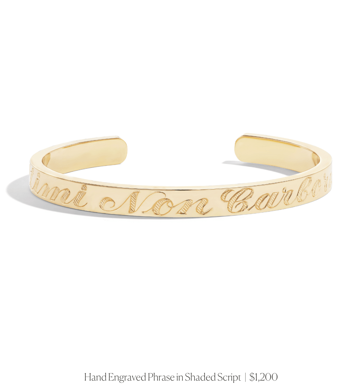 14k solid gold cuff bracelet with hand engraved phrase in script