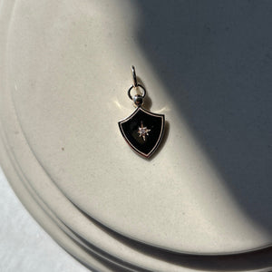 14k gold shield shaped charm with a star set diamond in the middle