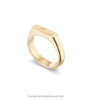 Hand engraved script name on the 14k solid gold straight signet ring