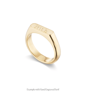 Hand engraved name in serif font on the 14k solid gold engravable straight signet ring