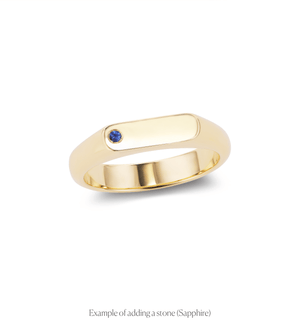 14k solid gold engravable straight signet ring with a flush set sapphire stone