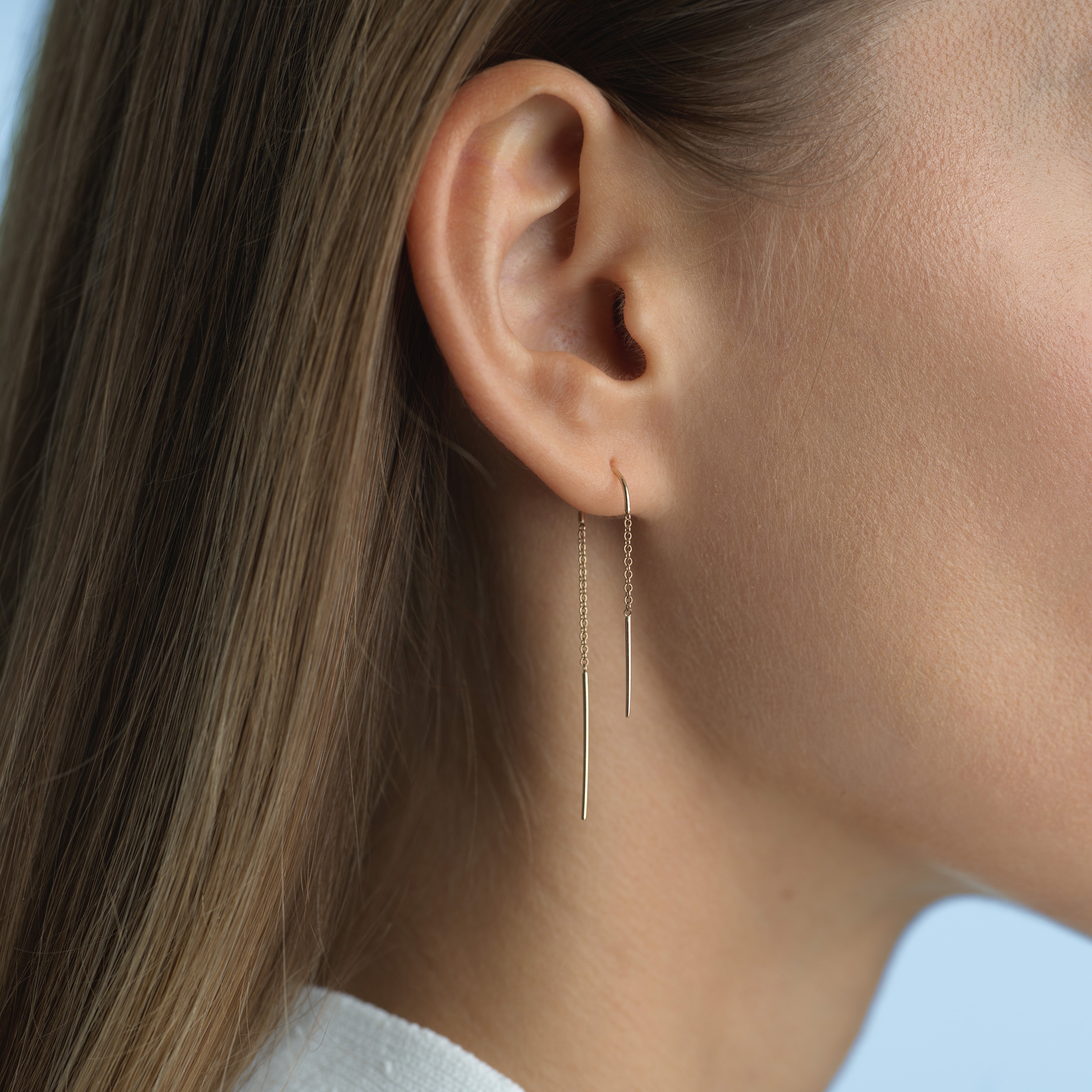 Gold Earrings Hole Earrings Double Lobe Chain Earring Thin Short