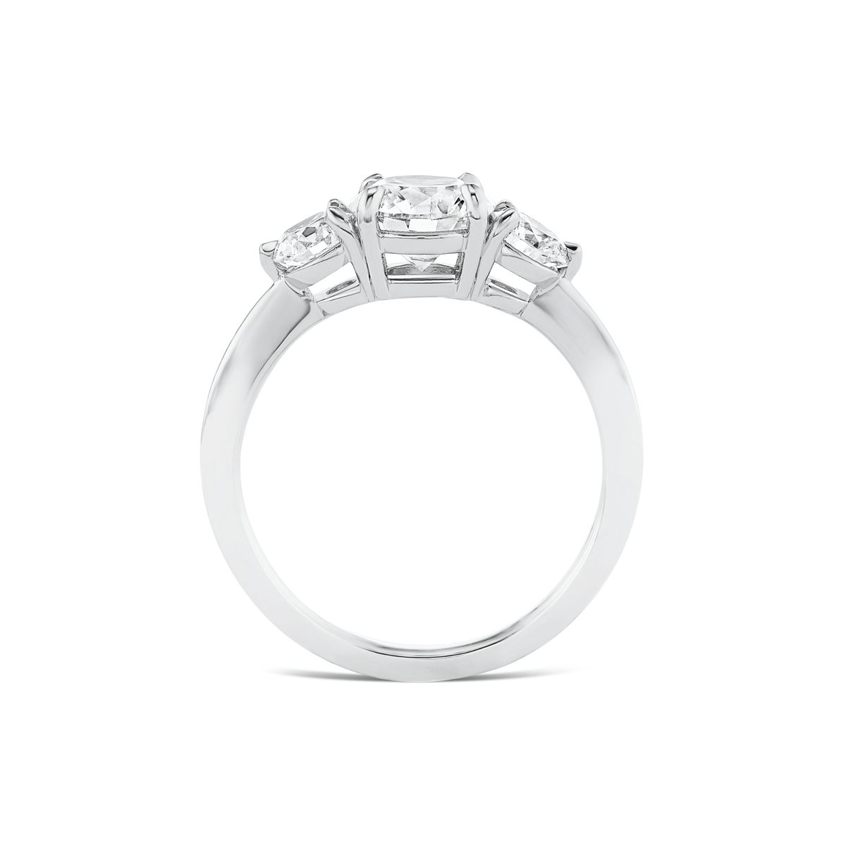 Side view of the 14k white gold three stone diamond engagement ring