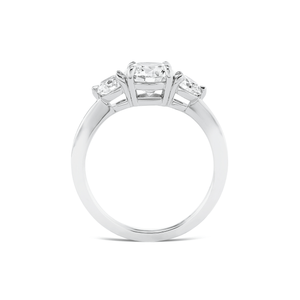 Side view of the 14k white gold three stone diamond engagement ring