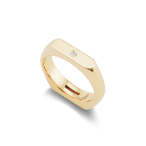 14k solid gold double sided straight signet-style ring with a baguette diamond and round diamond