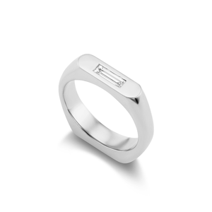 14k solid white gold double sided straight signet-style ring with a baguette diamond and round diamond