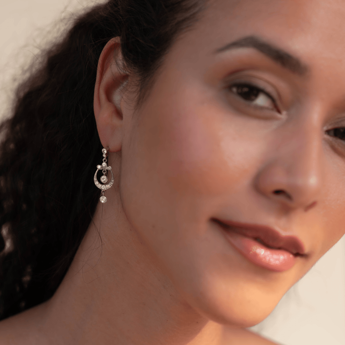 Vintage Half Moon Diamond Pendant Earrings