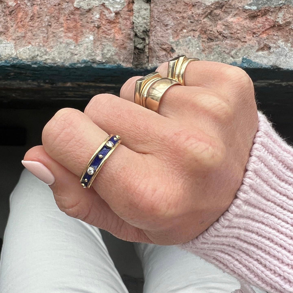 SOLD Vintage Blue Enamel Ring with diamonds