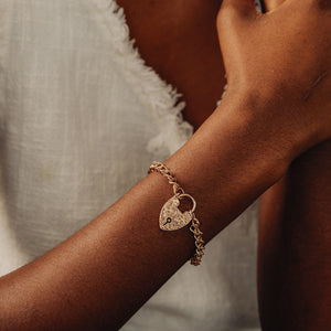 Vintage Rose Gold Curb Link Heart Padlock Bracelet for women by Fewer Finer