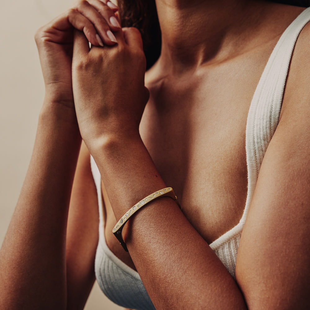 Vintage Brushed Square Bangle with Sprinkled Diamonds by Fewer Finer