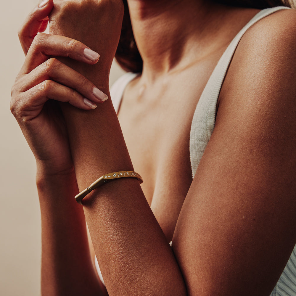 Vintage Brushed Square Bangle with Sprinkled Diamonds by Fewer Finer