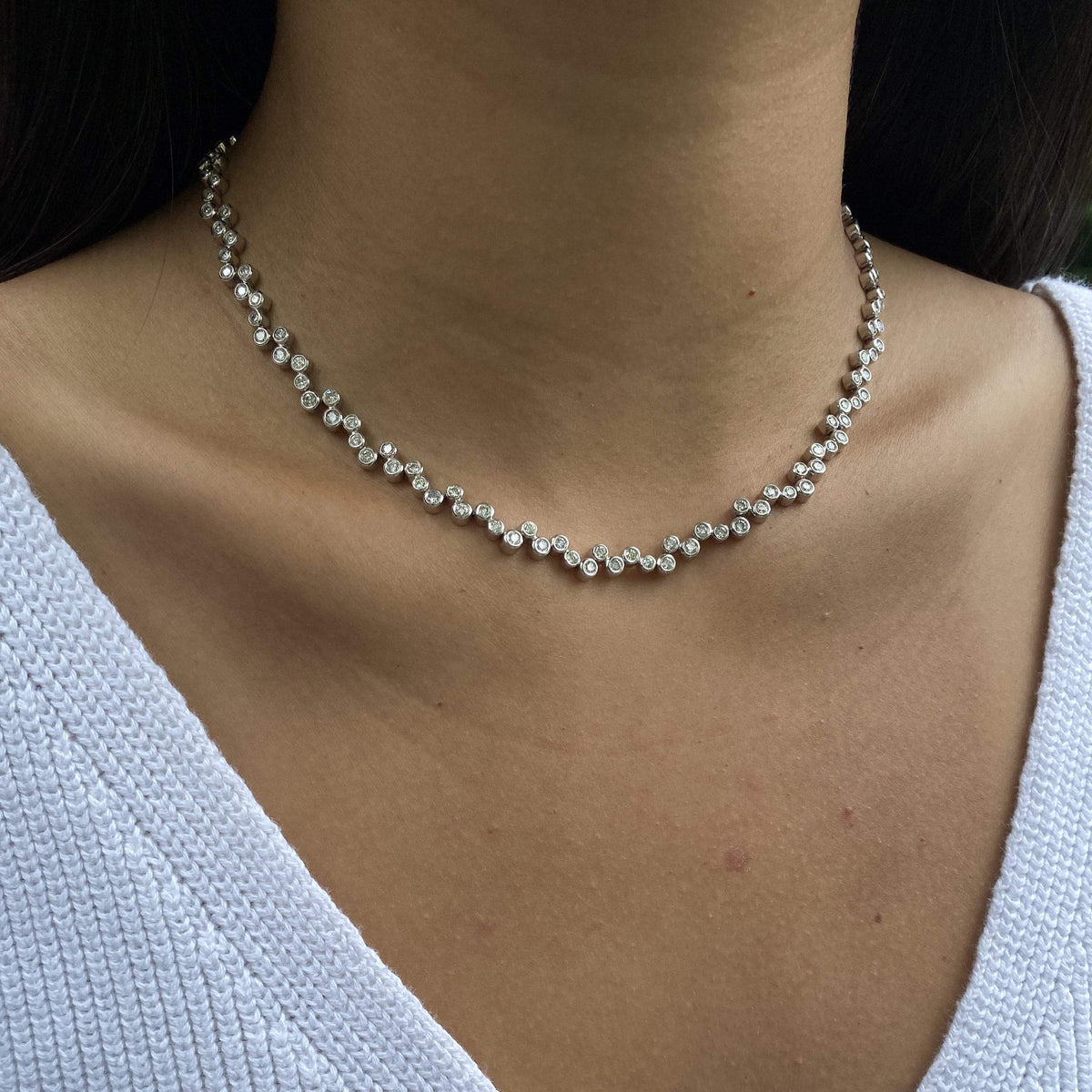 Vintage 14k White Gold Dancing Diamond Tennis Necklace by Fewer Finer