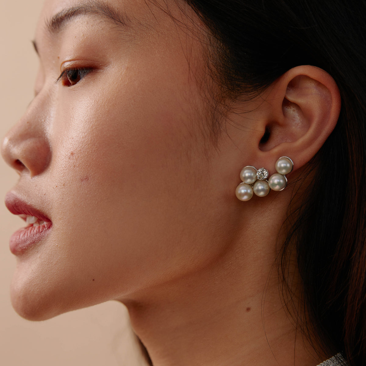 Vintage Pearl and Diamond White Gold Crawler Earrings