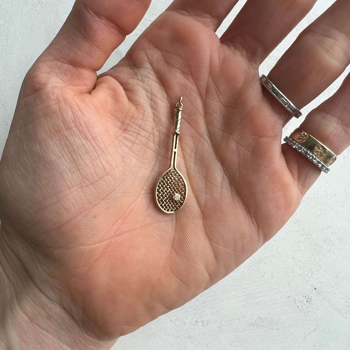 14k gold Vintage Large Tennis Racket Charm with Diamond