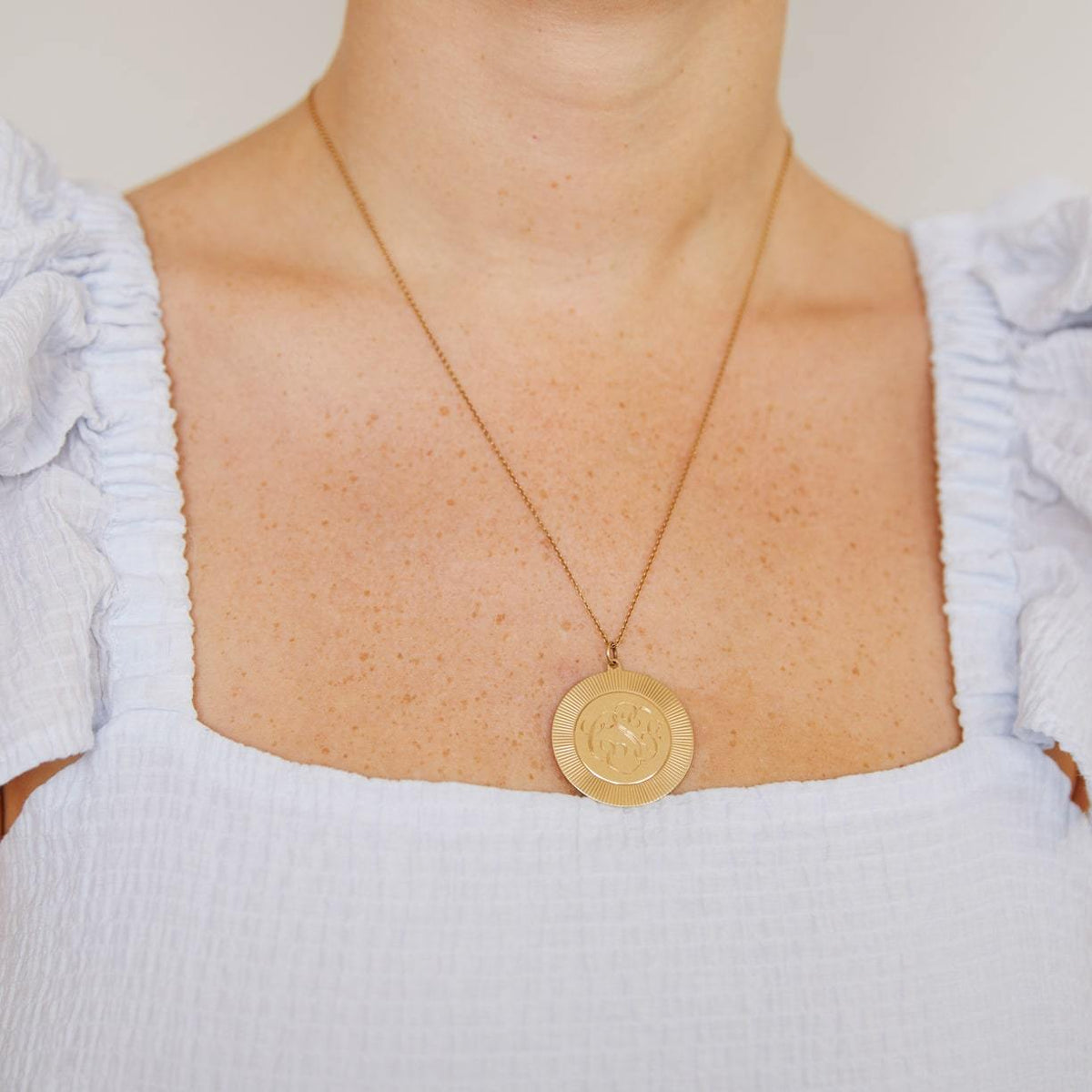 Vintage Large Radiant Circle Charm with CSF Initials for Women