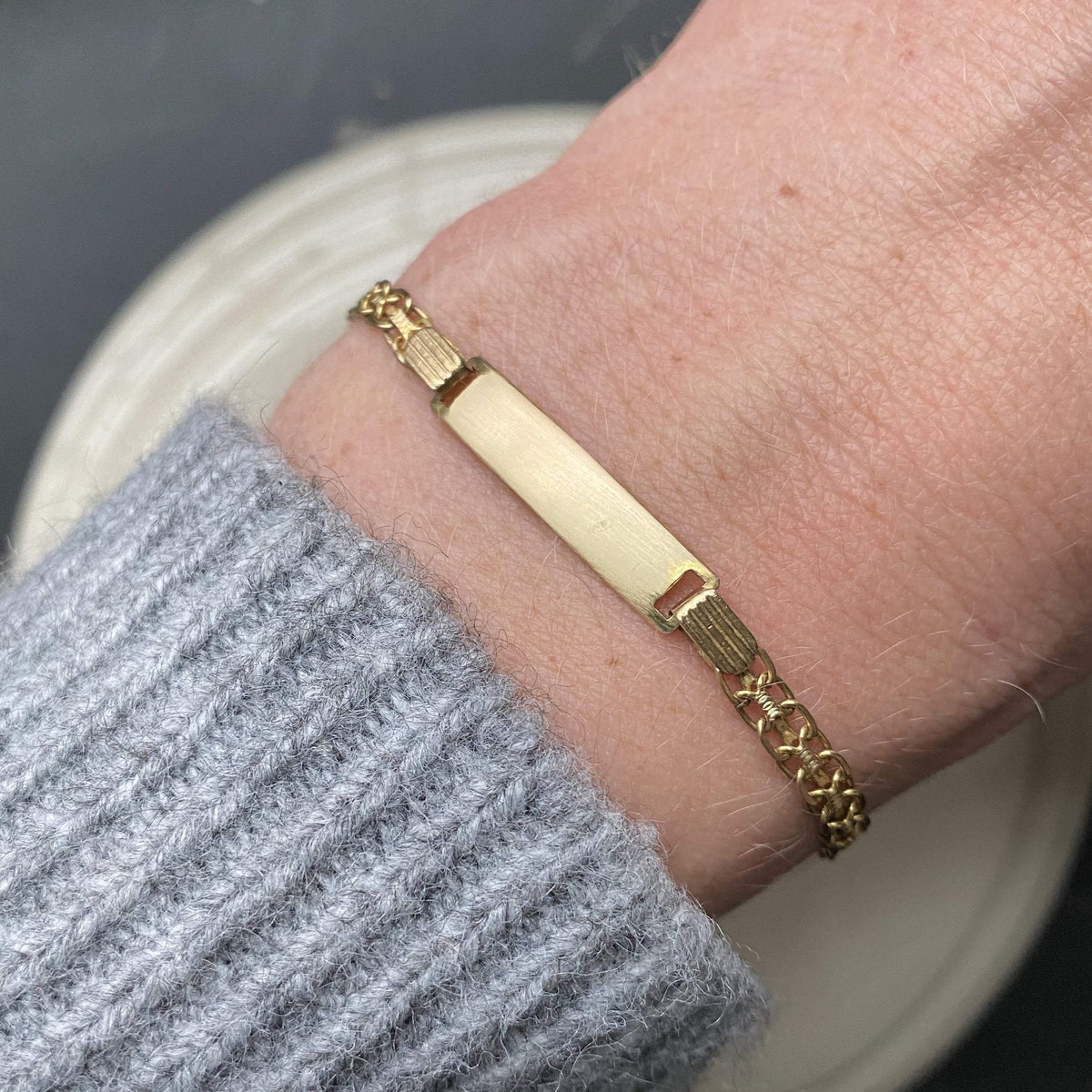 Vintage Gold Flat Link ID Bracelet for Women