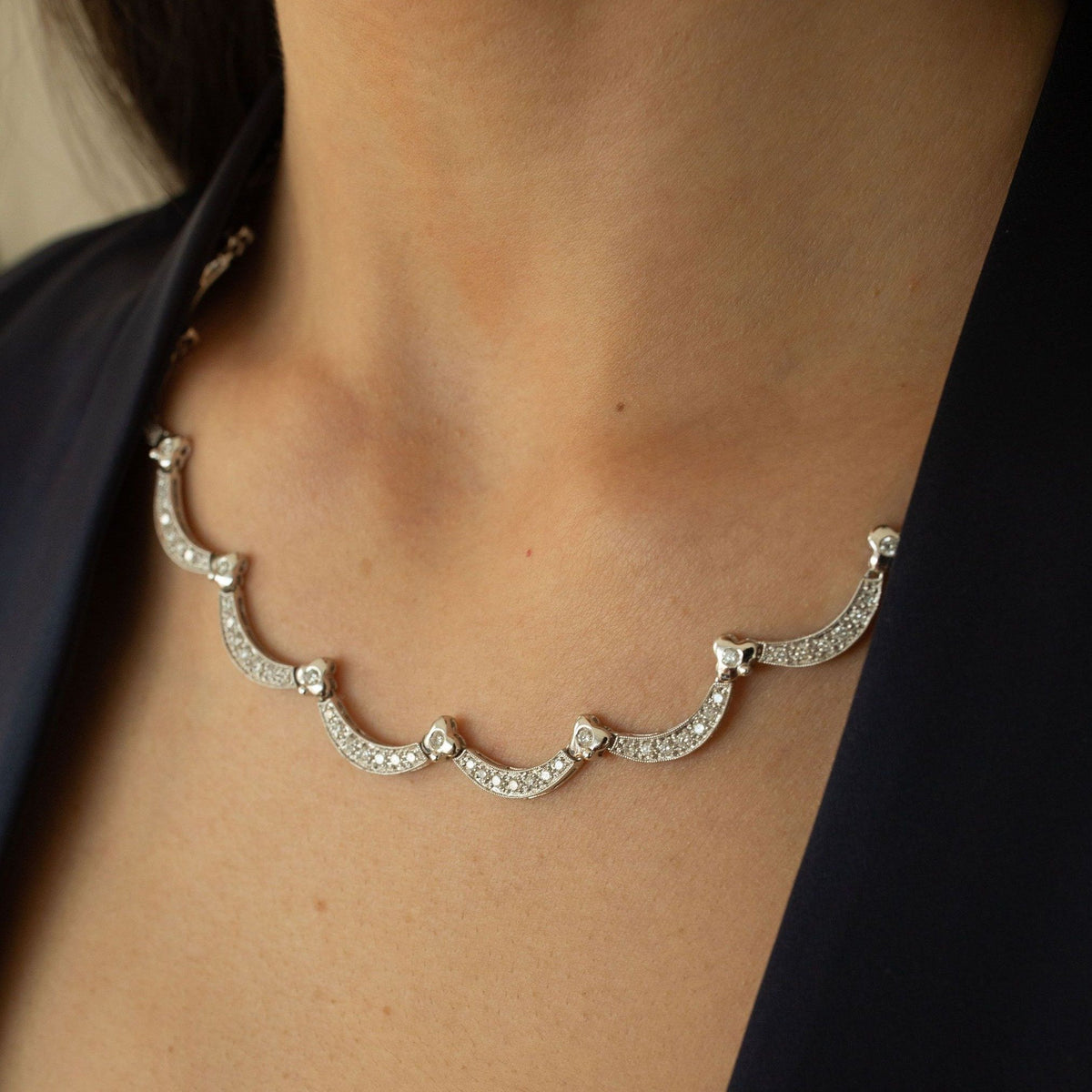 Scalloped White Gold and Diamond Necklace by Fewer Finer