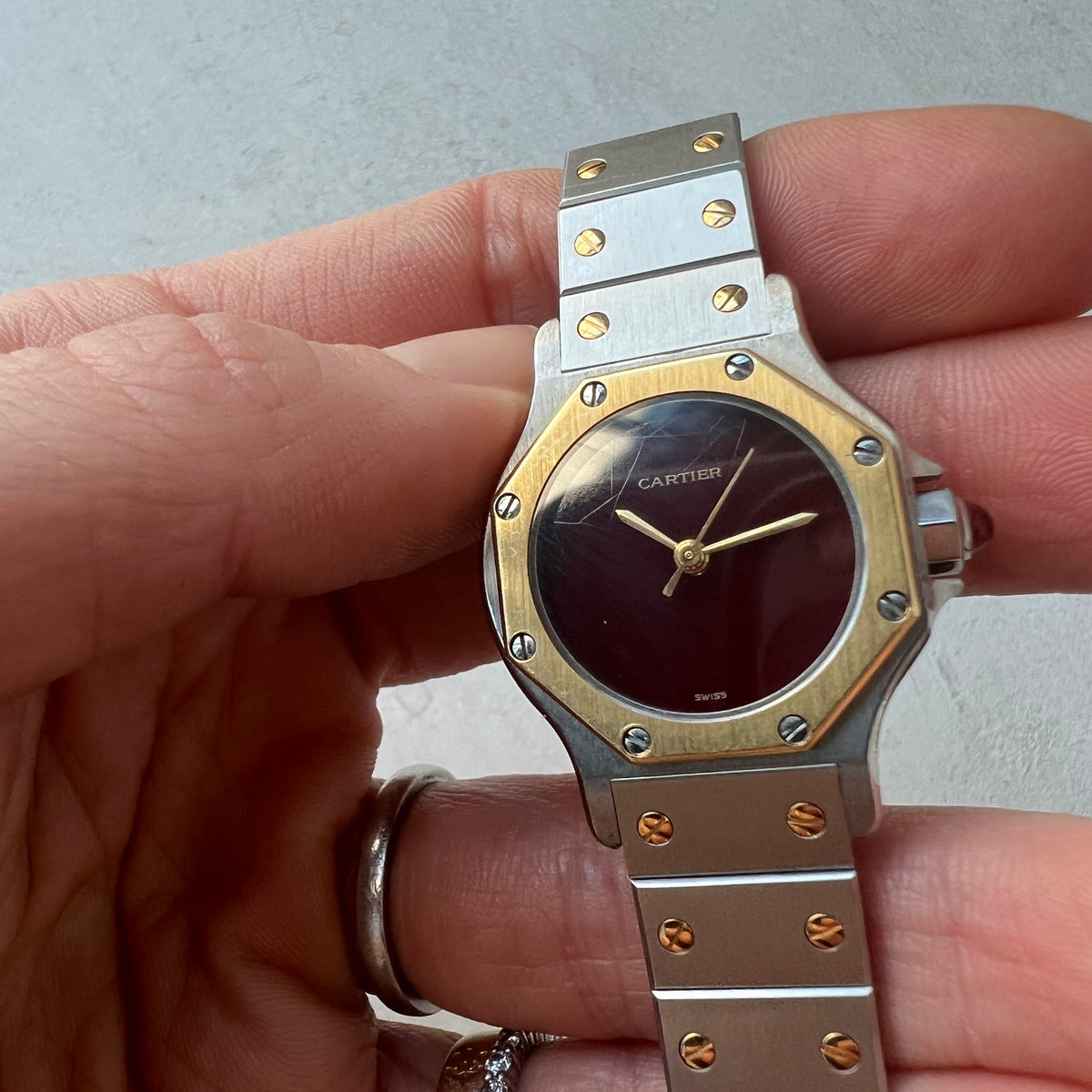 Vintage Cartier Santos Octagon Burgundy Two Tone Watch - Fewer Finer