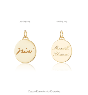 Examples of laser and hand engravings on the 14k solid gold circle charm