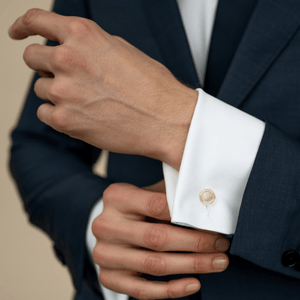 Model wearing the 14k solid gold engravable cufflinks