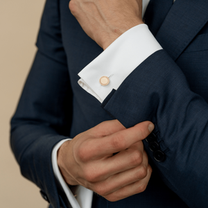 Model wearing the 14k solid gold engravable cufflinks