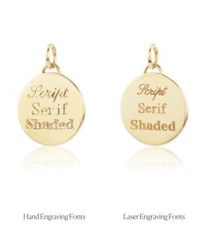 Classic Circle Charms with examples of hand and laser engraving fonts