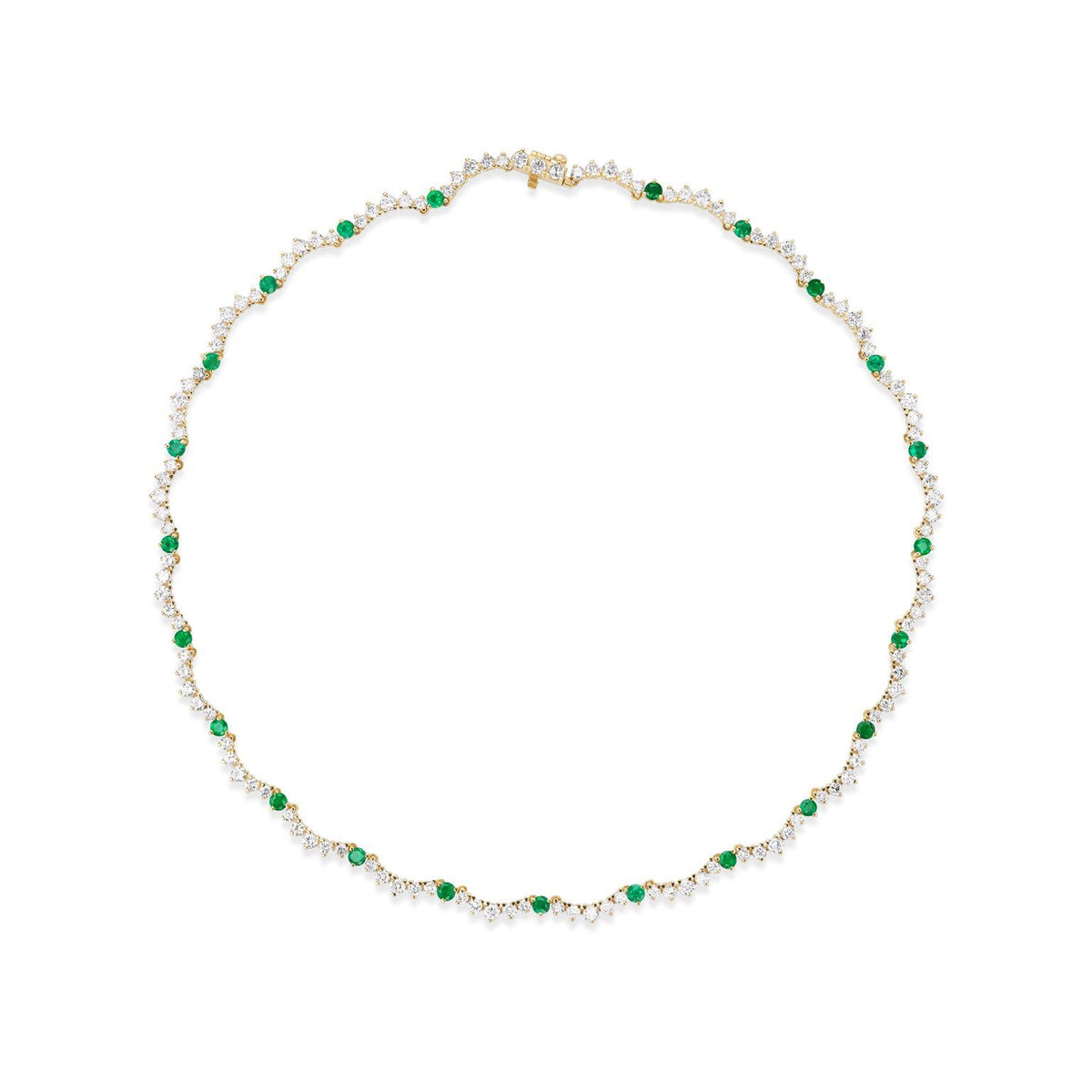 14k gold scalloped tennis necklace with diamonds and emeralds