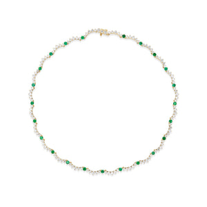 14k gold scalloped tennis necklace with diamonds and emeralds