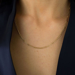 Model wearing the 14k gold long chain link necklace 