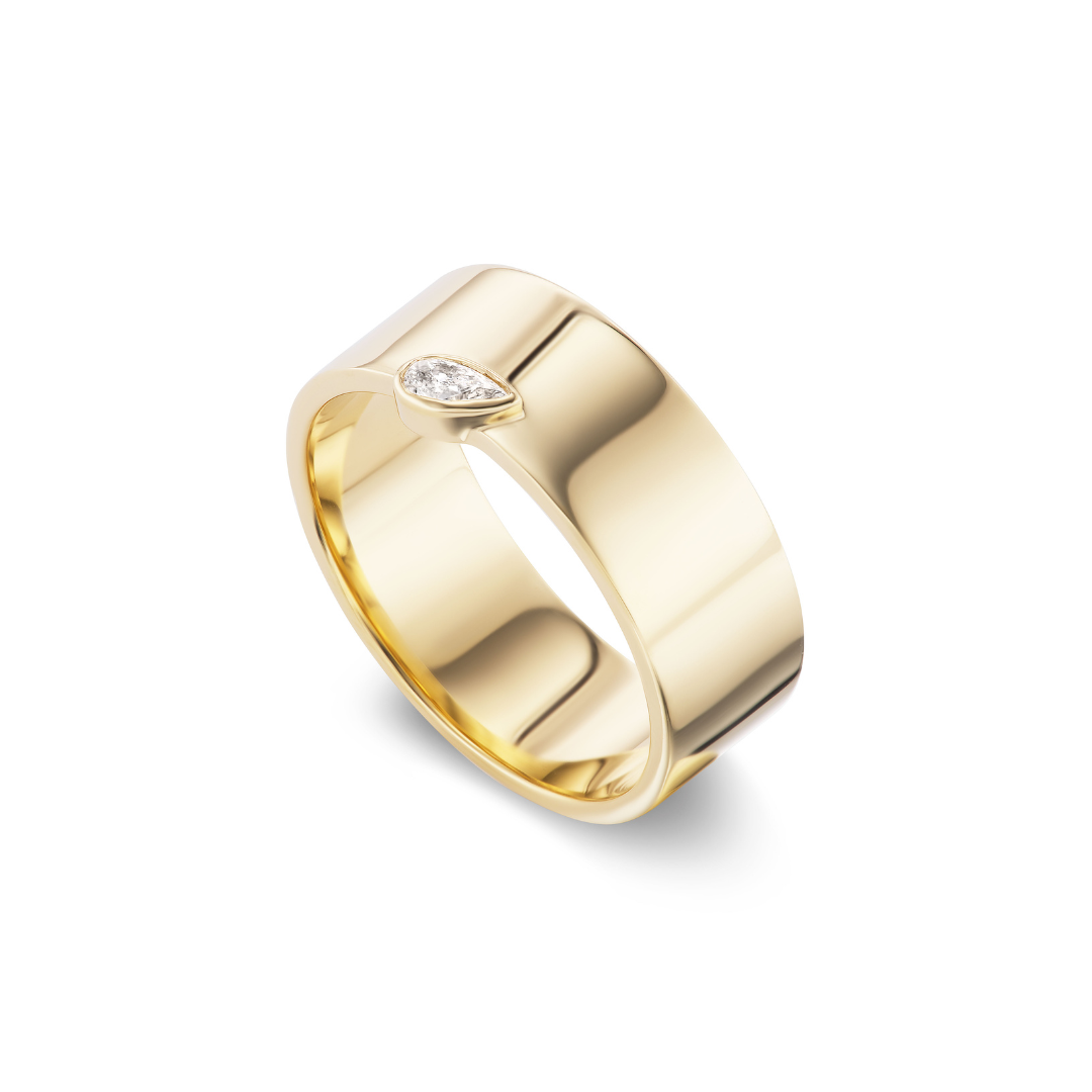 14k solid gold thick band ring with a bezel marquise diamond