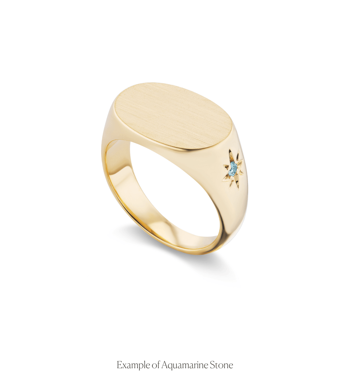14k solid gold engravable oval signet ring with two star-set aquamarine stones