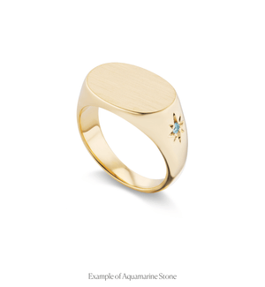 14k solid gold engravable oval signet ring with two star-set aquamarine stones