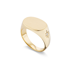 14k solid gold engravable oval signet ring with two star-set diamonds